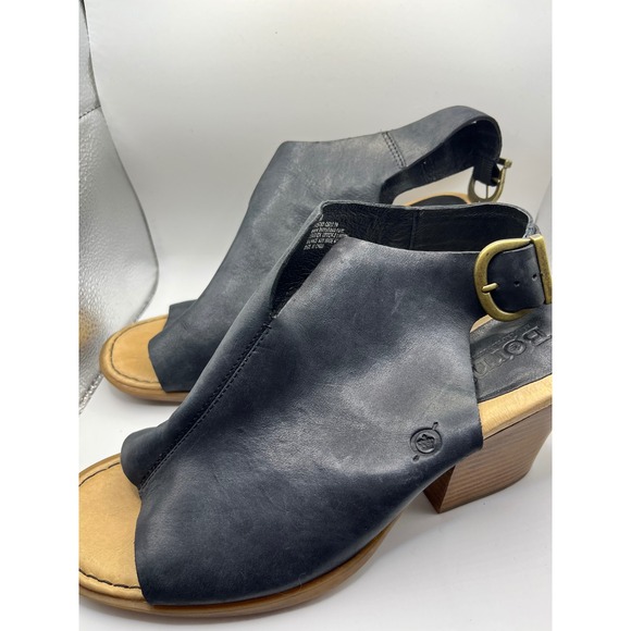 Born Black Leather Peep Toe Slingback Block Heel Sandals Women 11M - Picture 2 of 8